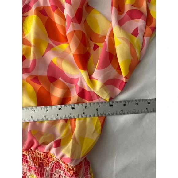 NY&C Tie Front Blouse Top Large Pink Yellow Orange Geometric Print Long Sleeve - Picture 5 of 6